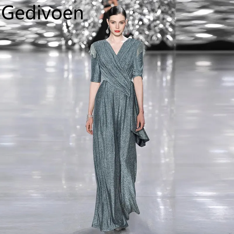

Gedivoen High-End Five Quarter Sleeve Tassel Waistband Pocket Wide Leg Pants With Ruffle Edge Jumpsuit