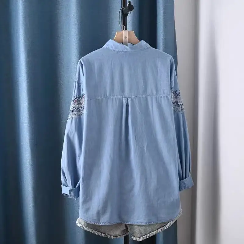 100% Cotton Denim Shirts Women Korean Fashion Harajuku y2k Embroidery Jean Blouse Mori Girl Lapel Long Sleeve Denim Cardigan