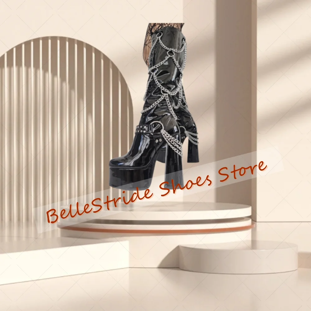 

Black Chain Decor Side Zipper Platform Boots Patent leather Women Shoes Thick Heel Party Banquet Dating 2025 Zapatos Para Mujere