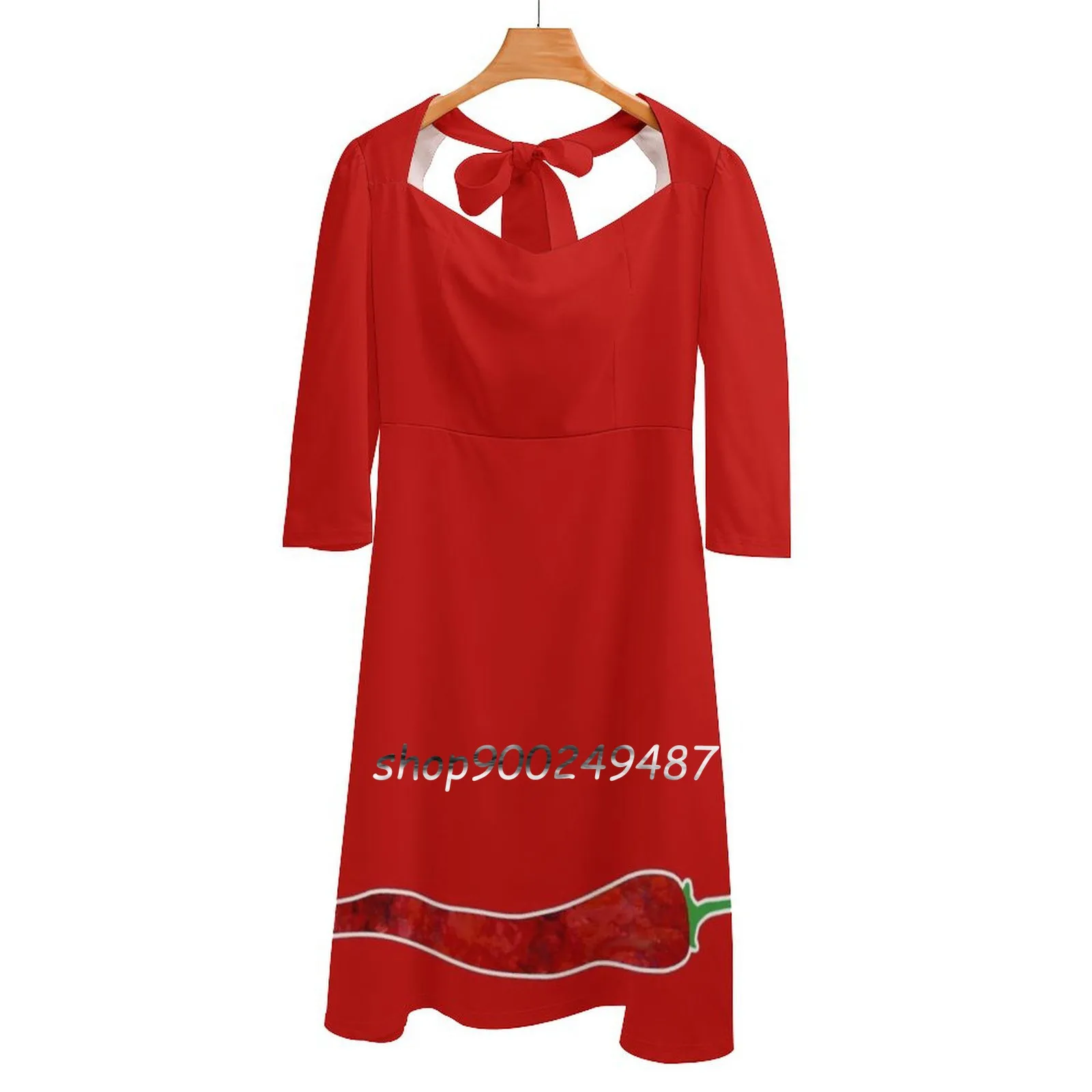 Red Chili Pepper Square Neck Dress New Plus Size Elegant Women Waist Tight Dress Pepper Hot Chili Spicy Kitchen Vegetable Red