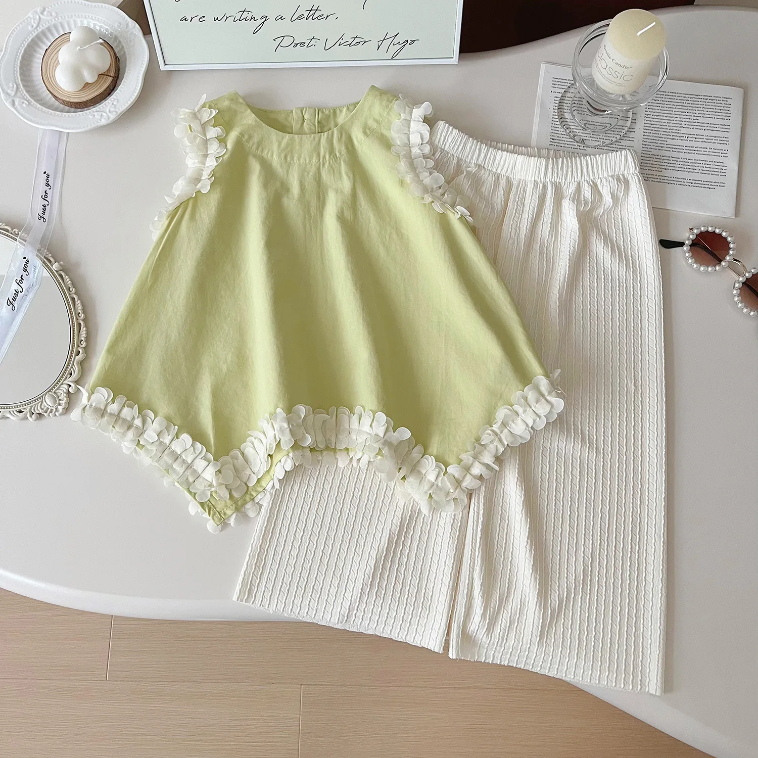 Baby Girls Suits 2024 Summer New Korean Girls Sleeveless Triangle Shirt Summer Girls Refreshing Sunshine Lace Two-piece Set