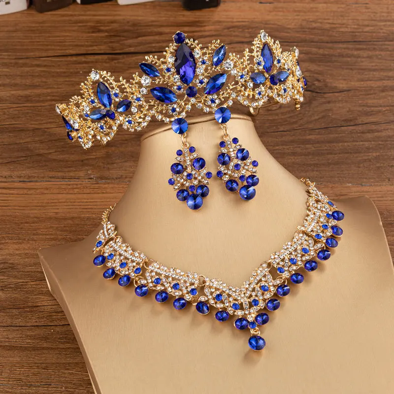 KMVEXO Baroque Gold Blue Color Crystal Bridal Jewelry Sets Rhinestone Tiaras Crown Earrings Necklace Set Wedding Dubai Jewelry