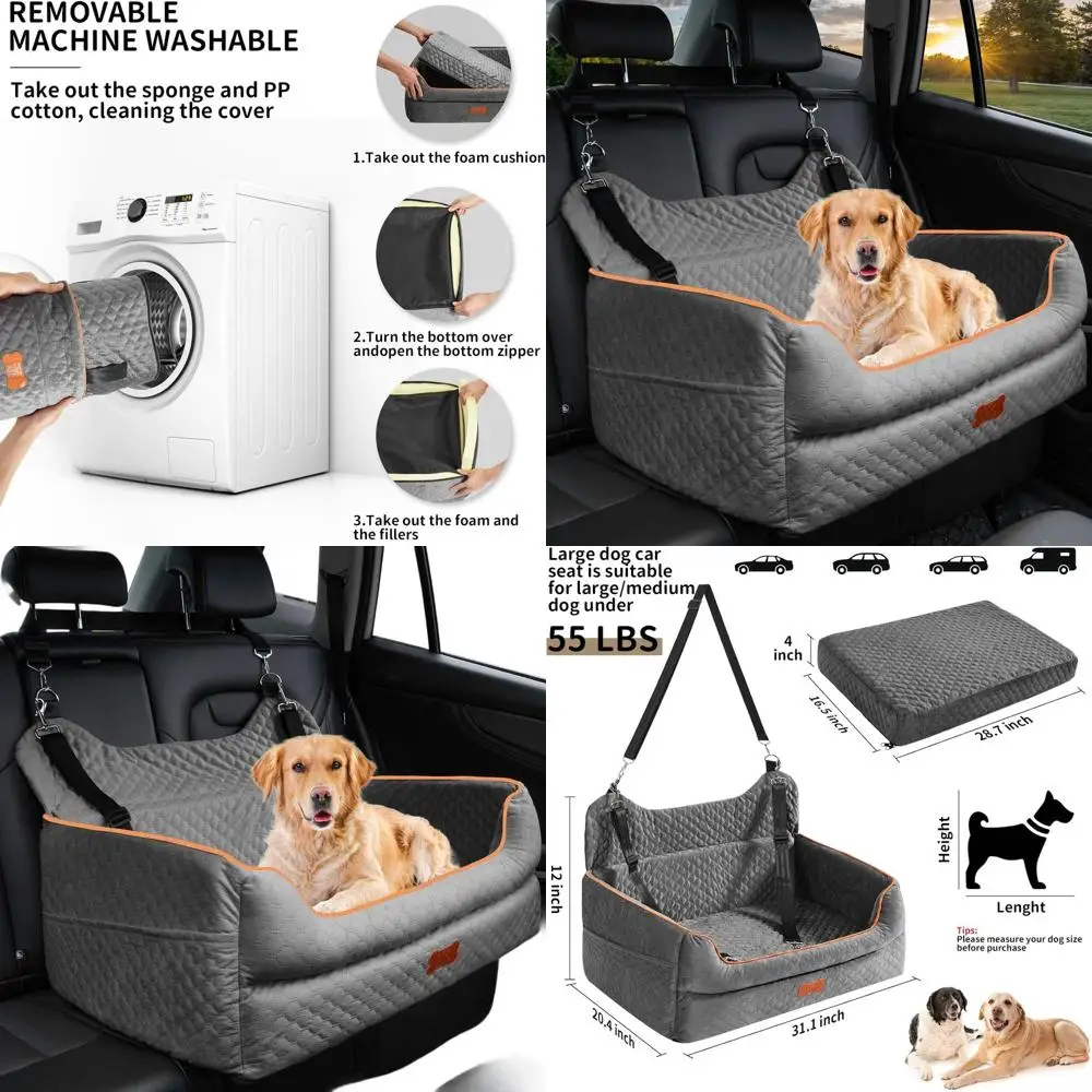 

Memory Foam Dog Booster Seat for Large/Medium Dogs under 55 lbs, Detachable Washable Travel Bed with Cushion and Storage Pockets