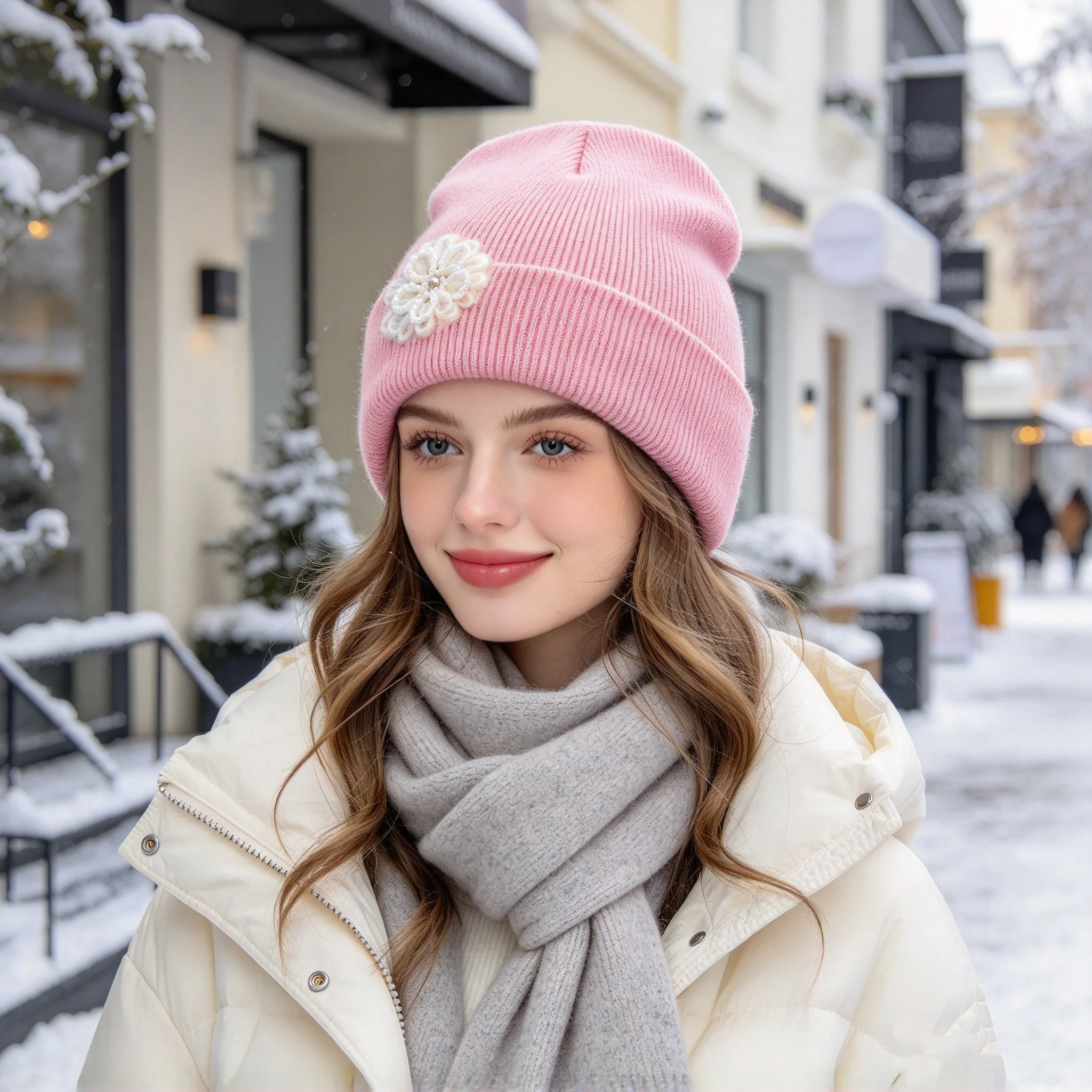 女性用、秋・冬に最適な、手作りの立体的な花の装飾が施された、 - Beanie Cuffed Knit のレビューと価格