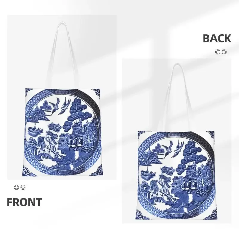 Reusable Blue Willow  Shopping Bag Women Canvas Shoulder Tote Bag Durable Blue Delft Chinoiserie Grocery Shopper Bags