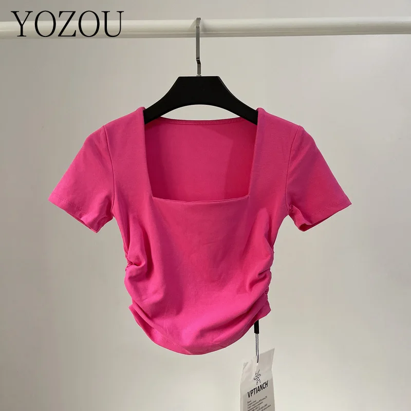 [YOZOU] Ruched Summer White Black Cotton Square Neck Kpop Short Sleeve Crop Top Pink Purple Blue Y2k Baby Tee Solid Tshirt Women