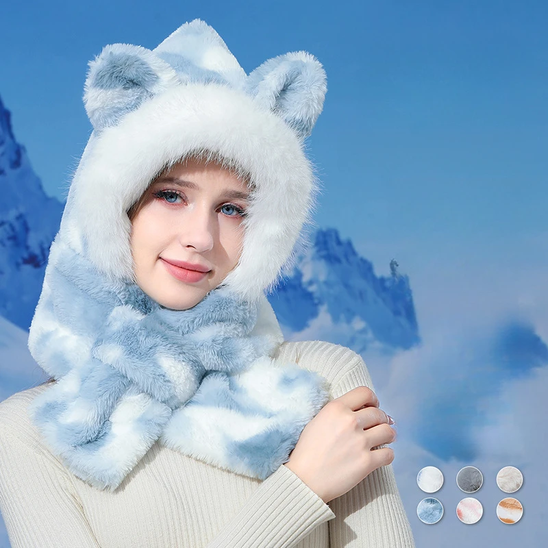 Winter Plush Hat Scarf Integrated Warm Hat Cycling Warm Velvet Padded Thickened Windproof Earflaps Toque