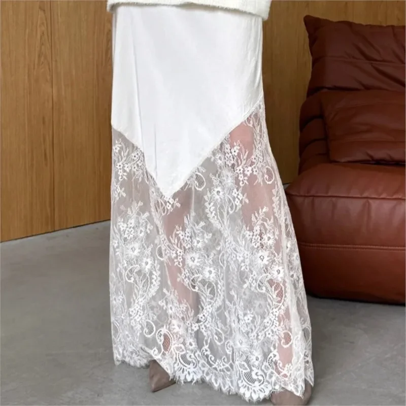 All Seasons Of Lace Skirts 2025 New Casual High Waist White/black Satin Lace Patchwork Elegant Classic Long Skirt Robe Femme