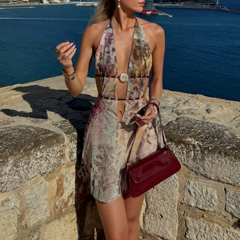 Abito da donna primaverile con scollo a V profondo e scollo a V, abito da festa estivo con allacciatura senza schienale, abito Boho, mini abito a trapezio con stampa modello High Street