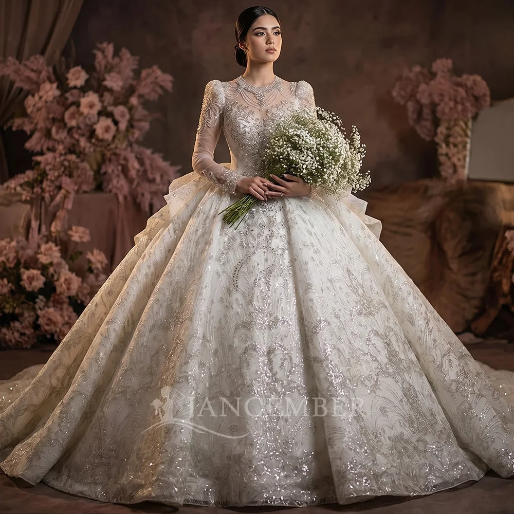 

Винтажное свадебное платье-бал с блестками, из органзы, с жемчугом, с длинными рукавами-иллюзиями, в дворцовом стиле, с индивидуальными оборками