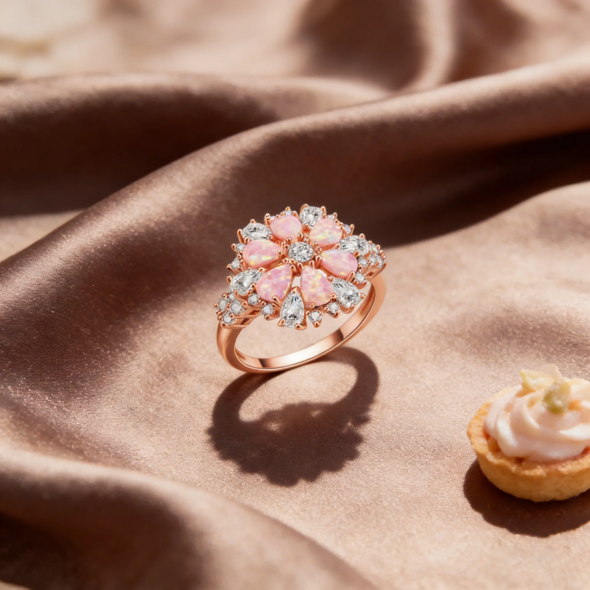 Luxury Flower Pink Opal Cubic Zirconia Ring for Women Rose Gold Plated Wedding Band Best Gift for Girls