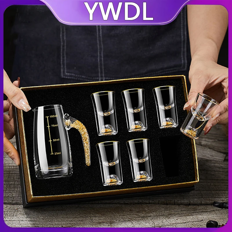 

2/7pcs Crystal Glass Short Cup Gift Box Set Lead Free Liquor Glass With Wine Dispenser Golden Vodka Brandy Wine Glasses Soju Cup