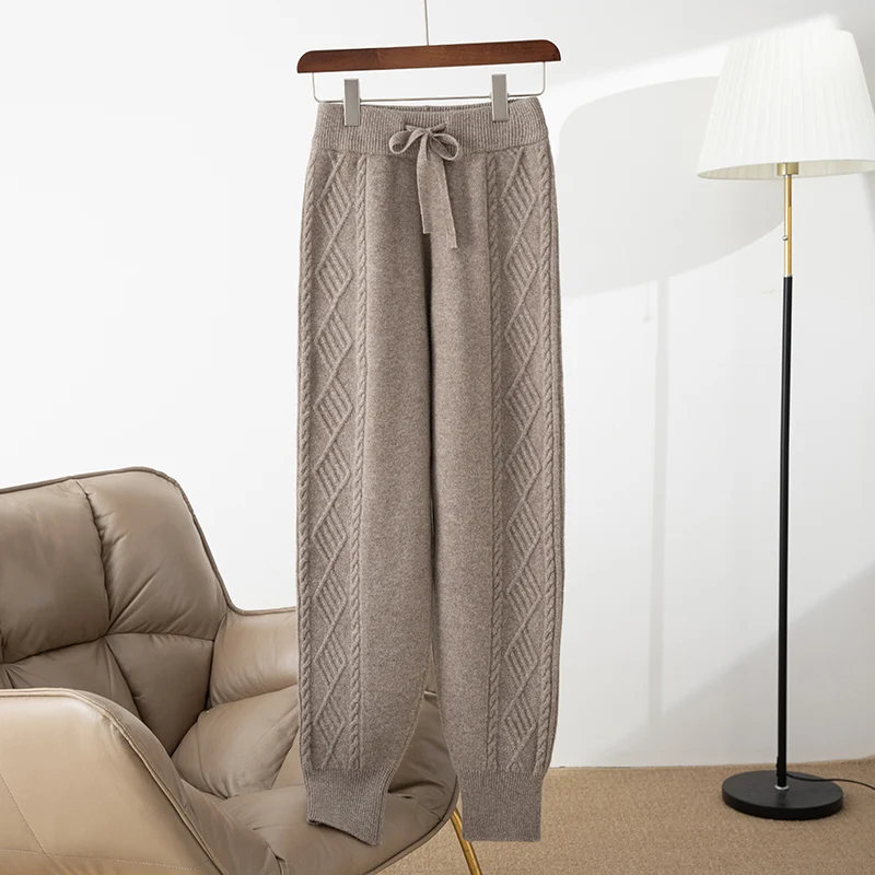 High Quality Women Wool Thicken Pants Diamond Pattern Pencil Pants 100% Wool Knit Autumn Winter Soft Warm Loose Solid Trousers