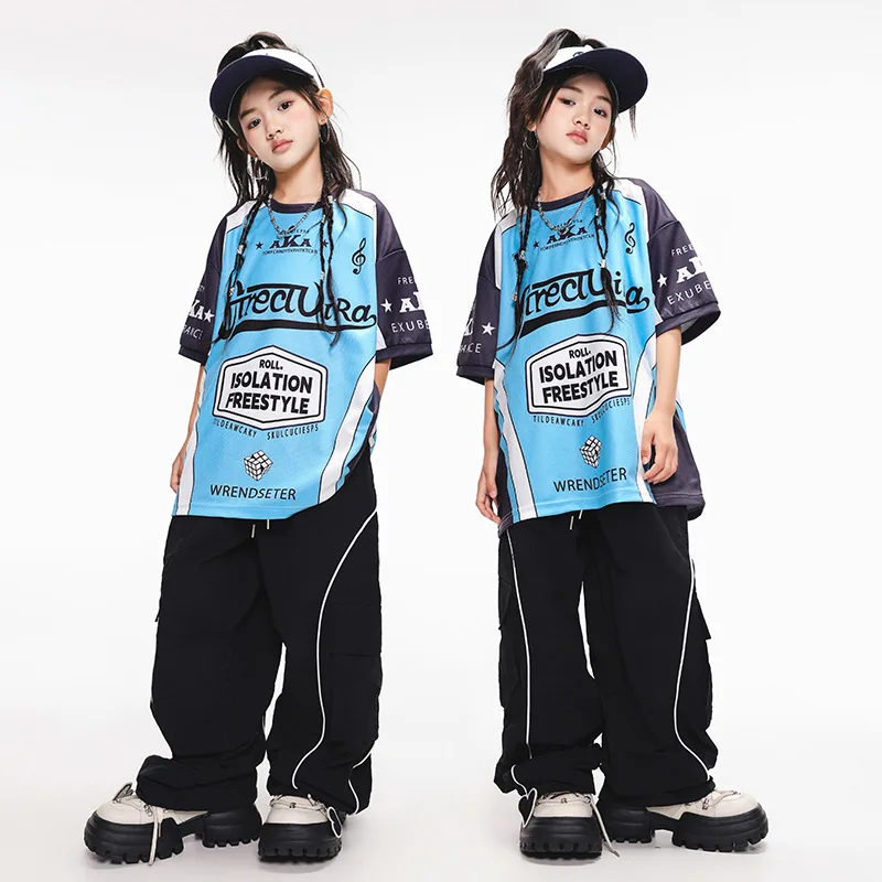 

Kid Hip Hop Clothing Blue Letters Print T Shirt Black Casual Pockets Cargo Pants for Girl Boy Jazz Dance Wear Costumes Clothes