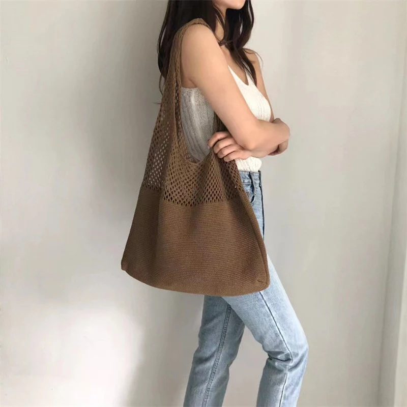 Retro Fashion Portable Knitted Yarn Storage Bag Large Capacity Leisure Shoulder Bag Shopping Bag Practical Tote Bag Handbag
