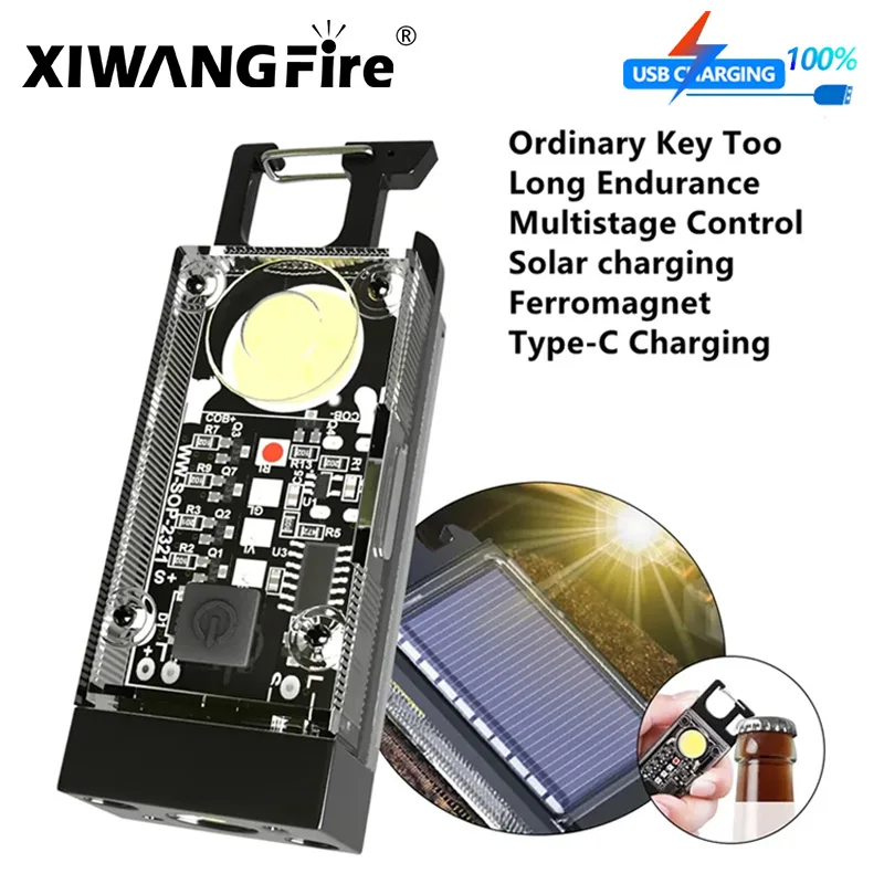 

Фонарик с солнечной панелью, перезаряжаемый светодиодный фонарик типа c, 9 режимов, Рабочий фонарь с брелком