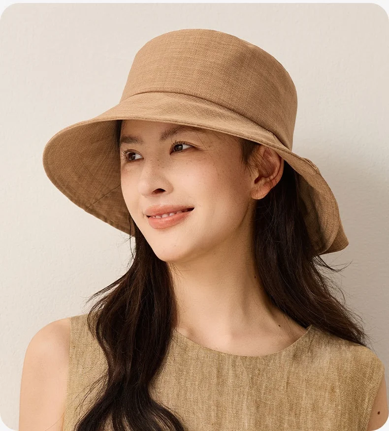 Cotton-Linen Sun Hat for Women Solid Colour Fisherman's Hat with Back Split and Bow Solid Colour Sun Hat