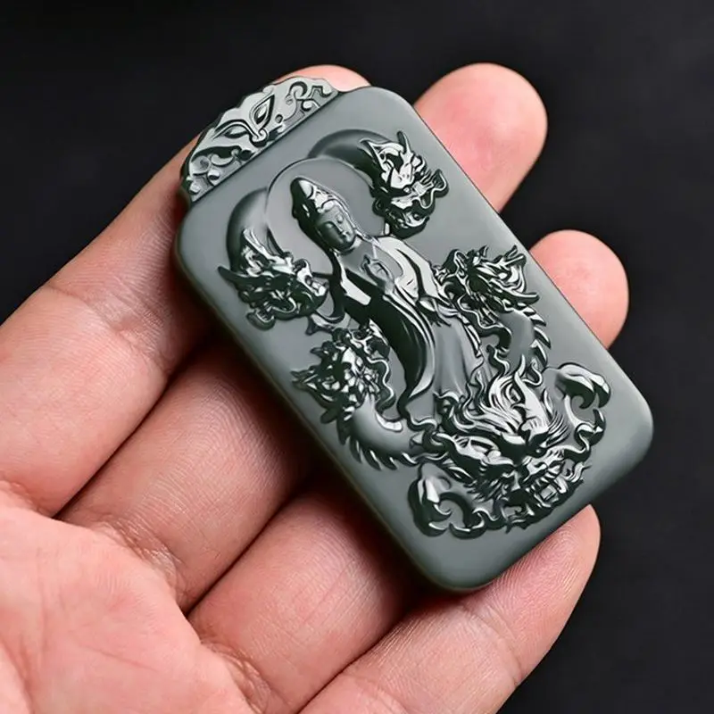 Hetian Jade Tower Qingyi Fine Material Kowloon Guanyin Pendant Men's Pendant