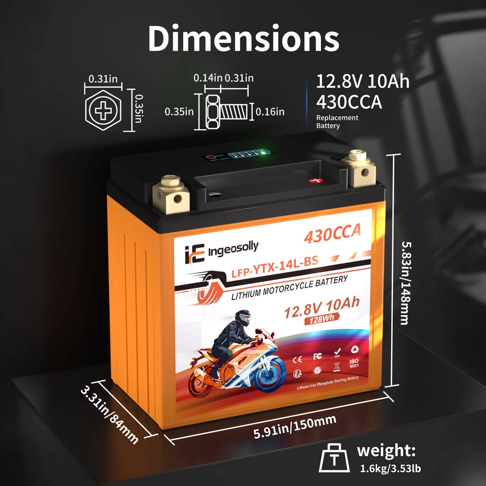 14L-BS LiFePO4 Lithium Motorcycle Battery, 12V 10AH 430 CCA Peak Cranking, SLA Replacement for ATV, UTV, Jet Ski, 4 Wheeler, Snowmobile, Seadoo, Polaris, Generator, Riding Lawn Mower, 10X Longer Cycle Life, Built-in BMS Safety Protection