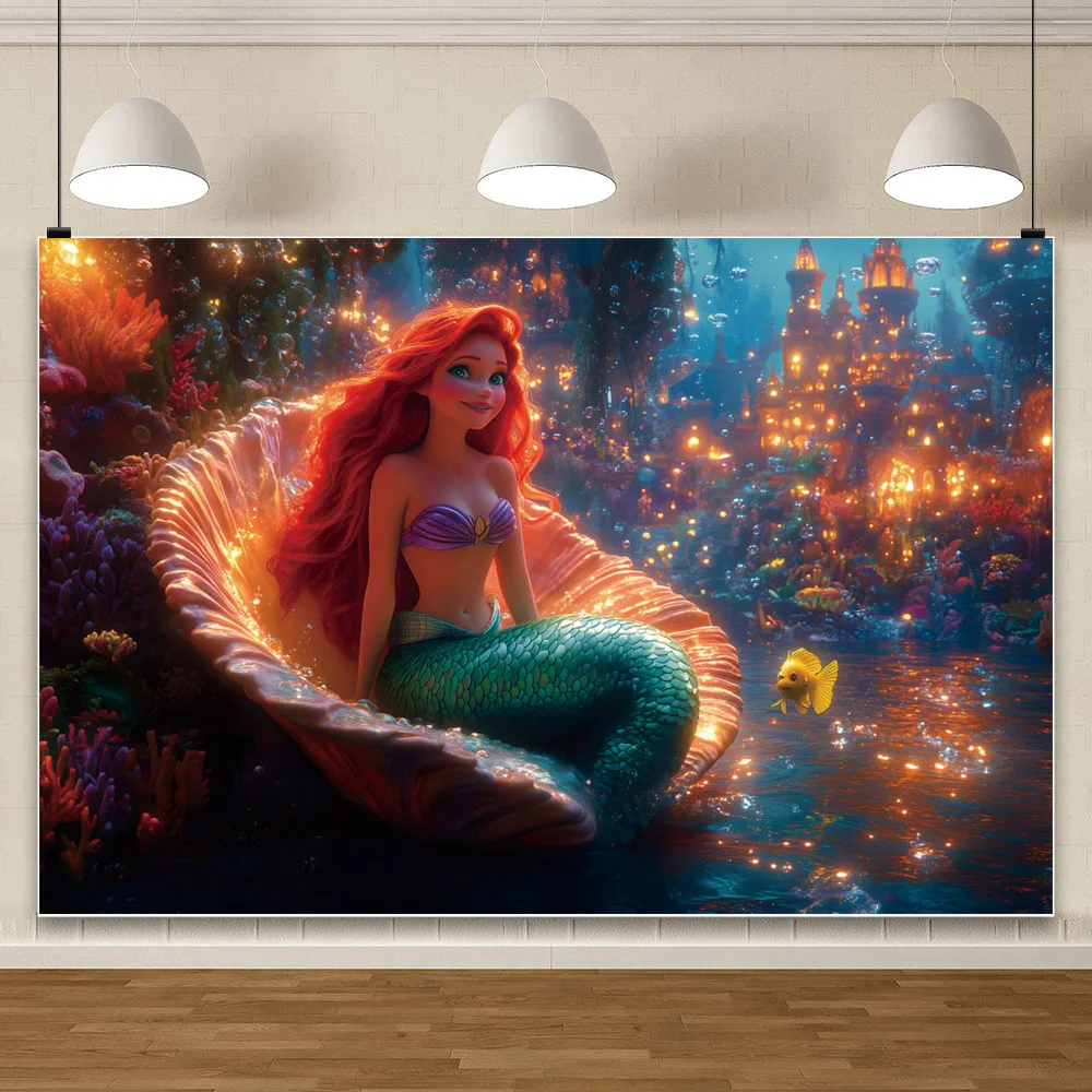การ์ตูน Mermaid พื้นหลังการถ่ายภาพ Baby Shower Girl ภาพฉากหลังวันเกิดตกแต่ง Props อุปกรณ์สตูดิโอฉลอง