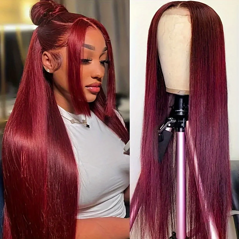 

99J Burgundy Wine Red Human Hair Lace Front Wig 13x4 HD Transparent Lace Pre-Plucked Baby Hair 250% Density Wigs for Lady