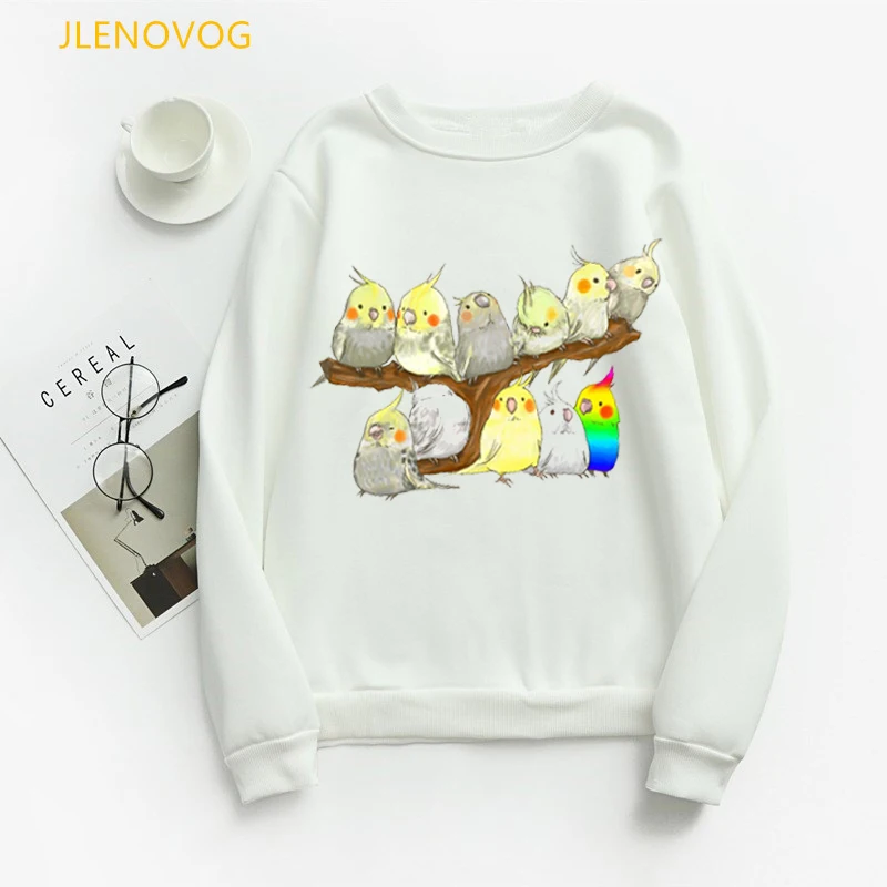 Cockatiel Parrot print sweatshirt women Lovely rainbow birds graphic hoodies femme kawaii winter sudadera mujer O-collar hoodies