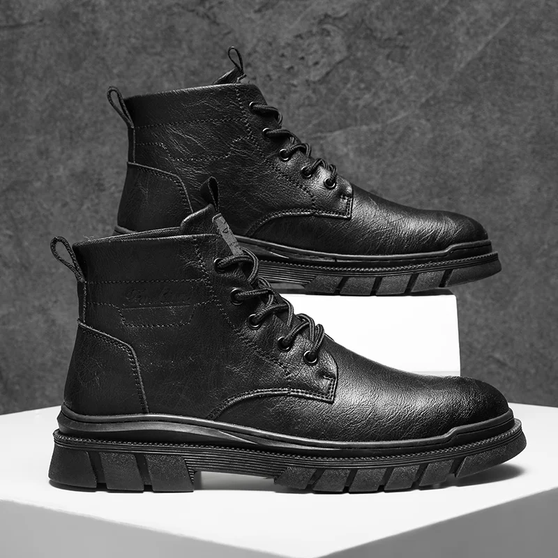 

New 2025 Boots Men High Top High Quality Women Leather Shoes Fashion Outdoor Sneakers Men Lace Up Non-Slip Ankle Boots