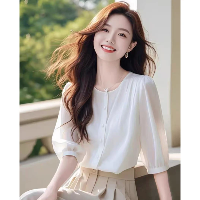 Trendy witte chiffon irt dames zomer losse personali ronde Ne Five Sve dunne irt polyestervezel ort Sve