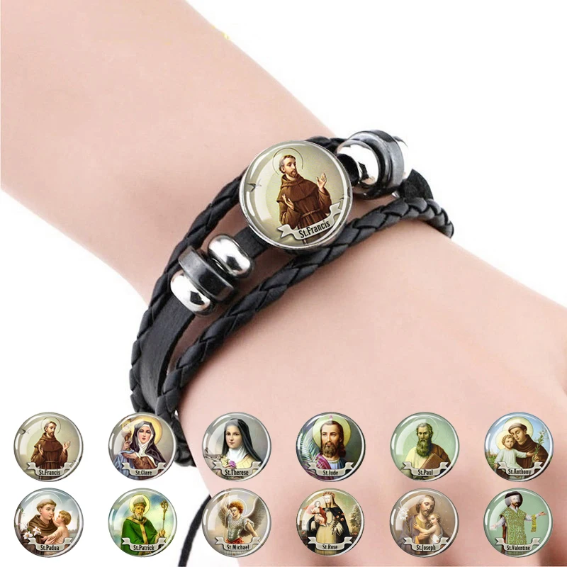 Mens Christian 12 Saints Portrait Bracelet St.Paul Portrait Glass Dome Leather Bracelet St.Therese of Lisieux Jewelry for Women