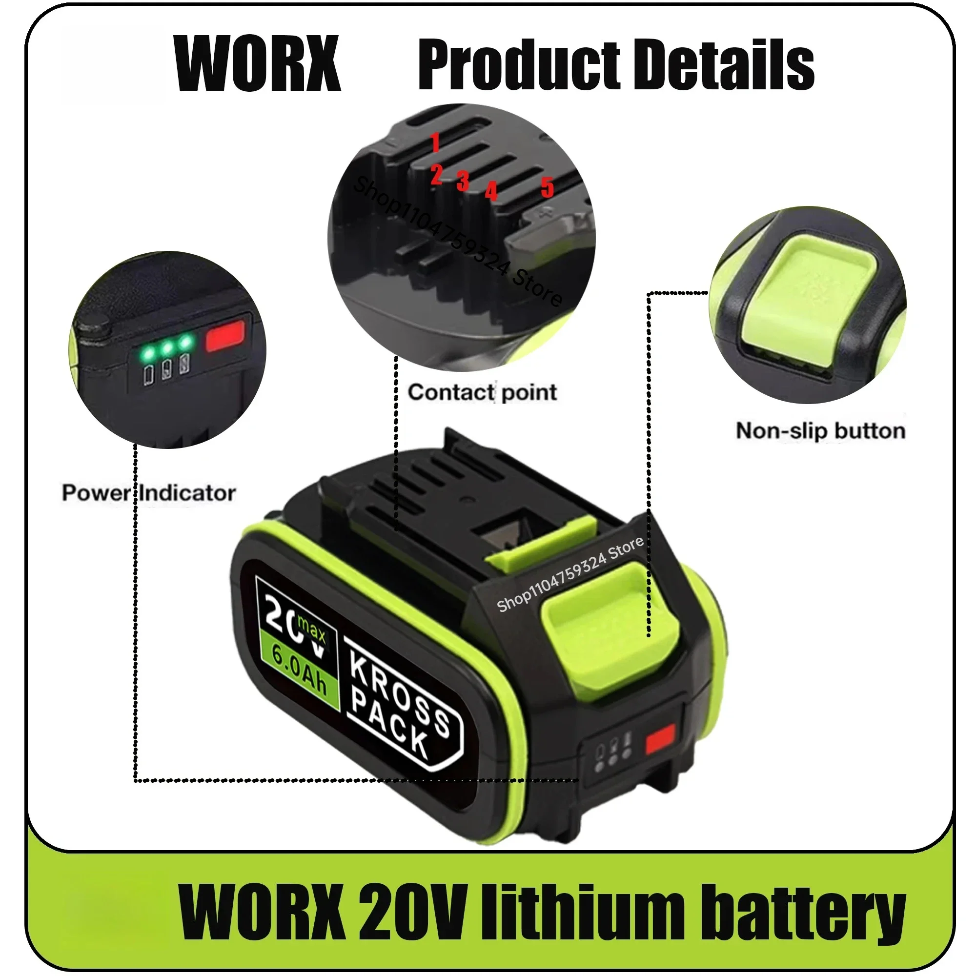 100% Orginal WORX Green 5-Pin Battery 20V 6.0 Ah/8.0 Ah Li-ion Battery Charger Suitable for Worx ROCKWELL Products Power Tools