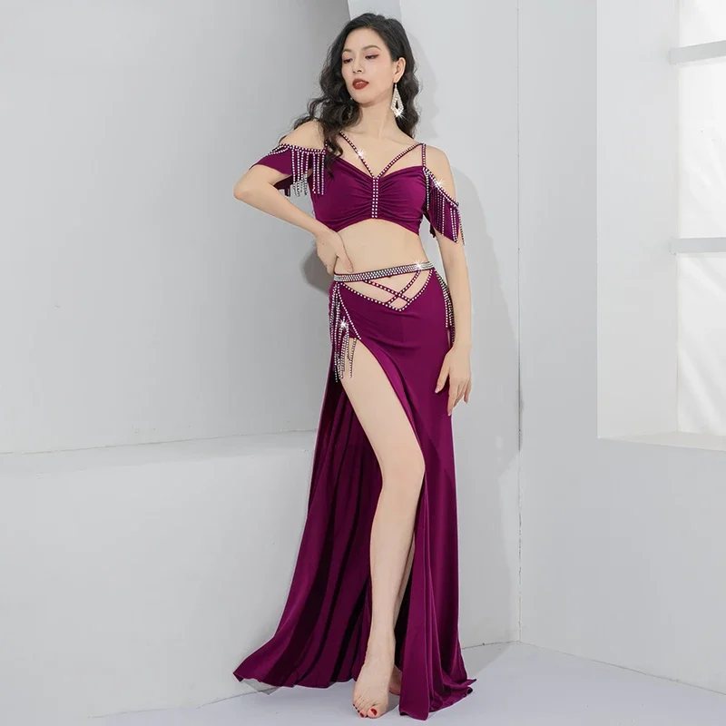 

Elegant Belly Dance Performance Costume Set for Women Shimmy Tassel Top+long Fringe Skirt Belly Dancing Wear Outfit for Girl's