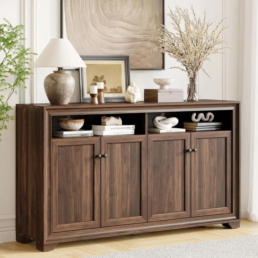 60 Inches Sideboard Buet Cabinet with Storage, 4 DoLarge Sideboard, Kitchen Cabinet with Open Shel & Adjustable Shel, Kitchen Co