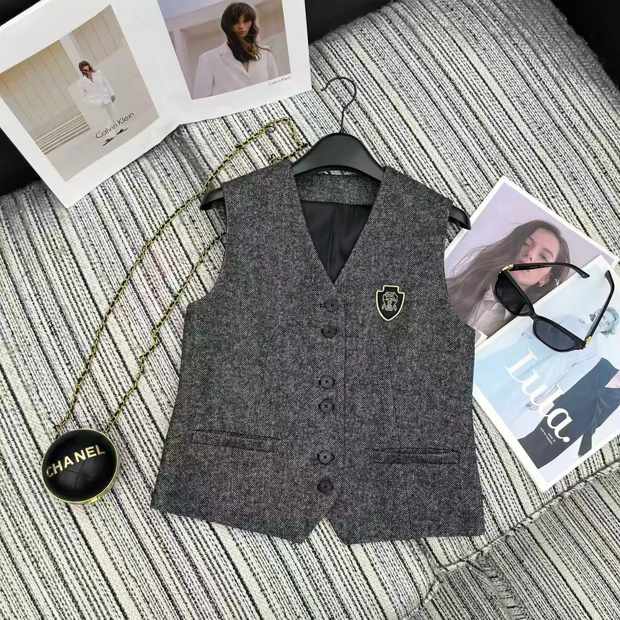 Preppy Style Two-Piece Tweed Suit V-Neck Sleeveless Crest Badge Waistcoat + Wide Leg Trousers Women