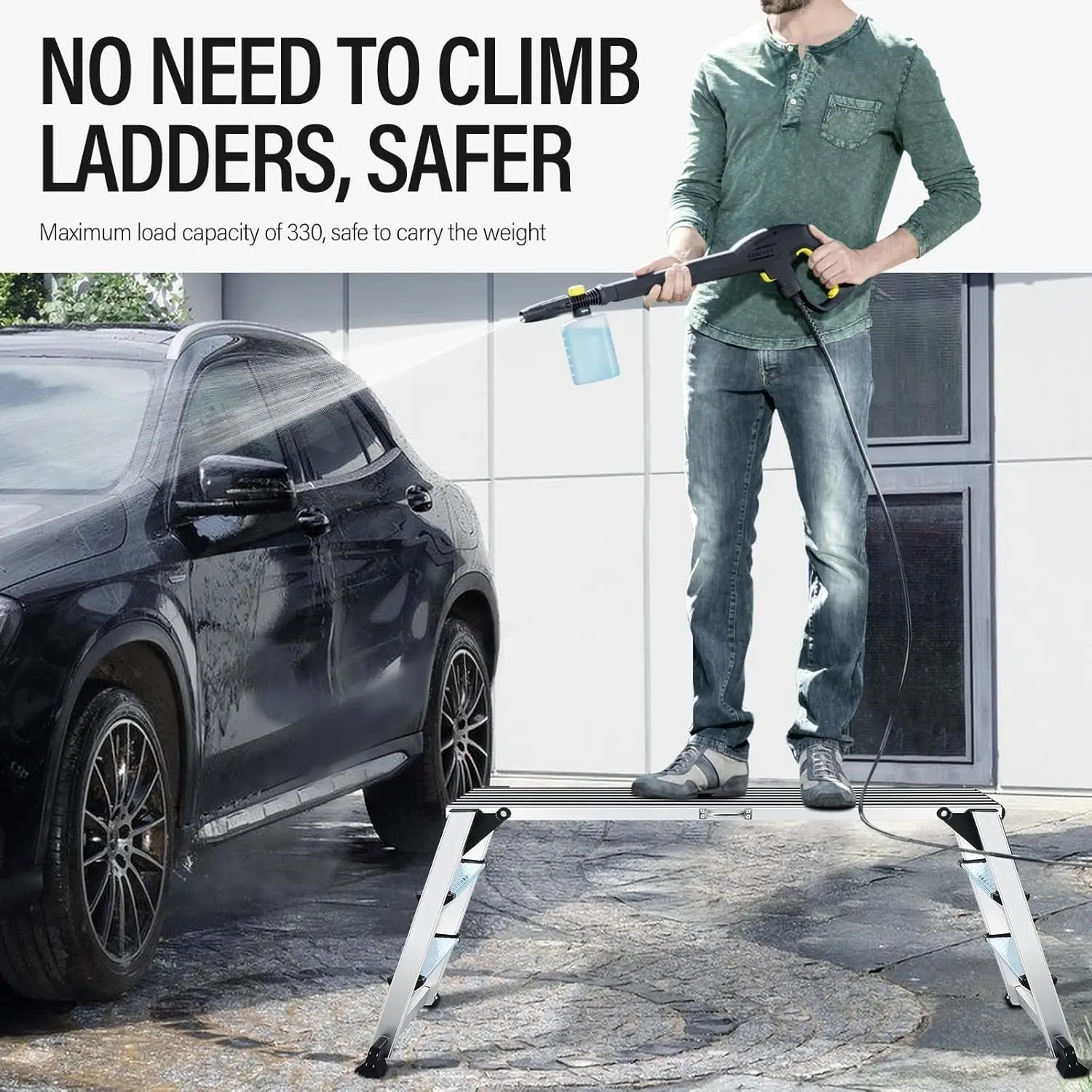 

Work Platform Step Ladder, Aluminum Work Platform 50"×12"×27" Step Stool Foldable for Washing Vehicles Cleaning Painting