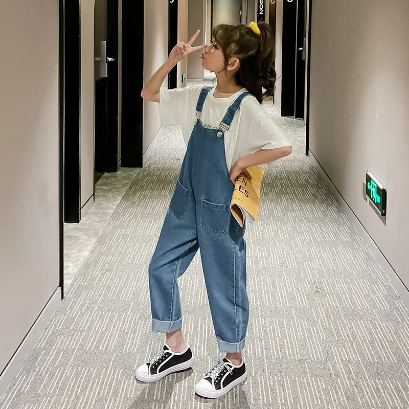 2024 Sommer Kinder Overalls Jeans für Mädchen Kinder Jeans Overall Taschen Herbst Teenager Dame Miss Hosenträger Hose 5 9 12 Jahre