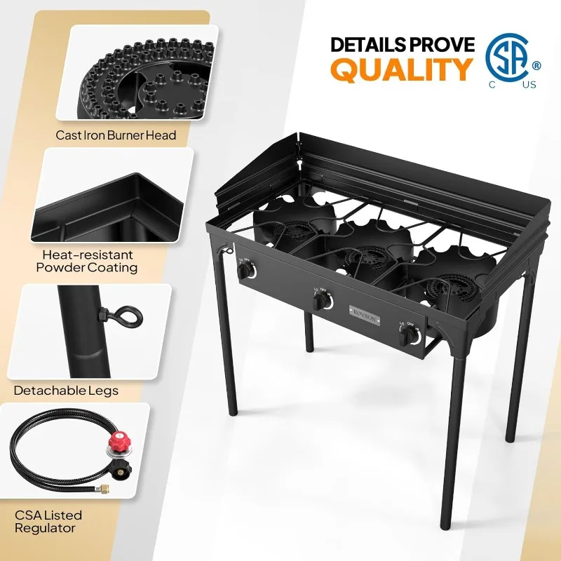 Estufa de Gas propano de 3 quemadores con bolsa de transporte, 225.000 BTU, para Patio, Camping al aire libre, con Panel de viento y regulador listado en CSA