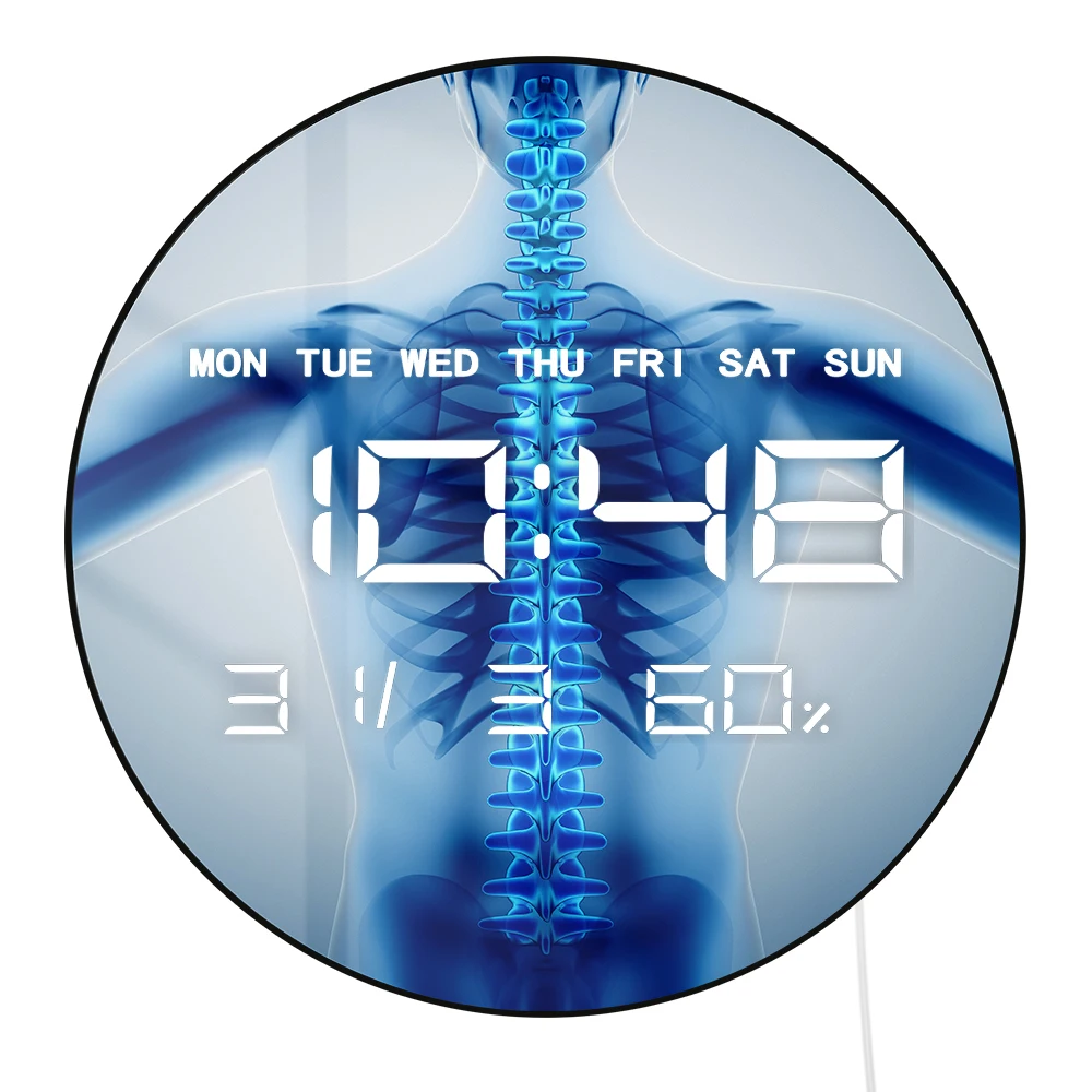 

Human Backbone Spine Art Electronic Wall Clock with Temperature Humidity Calendar Date Large Digital LED Auto Dimming Wall Clock