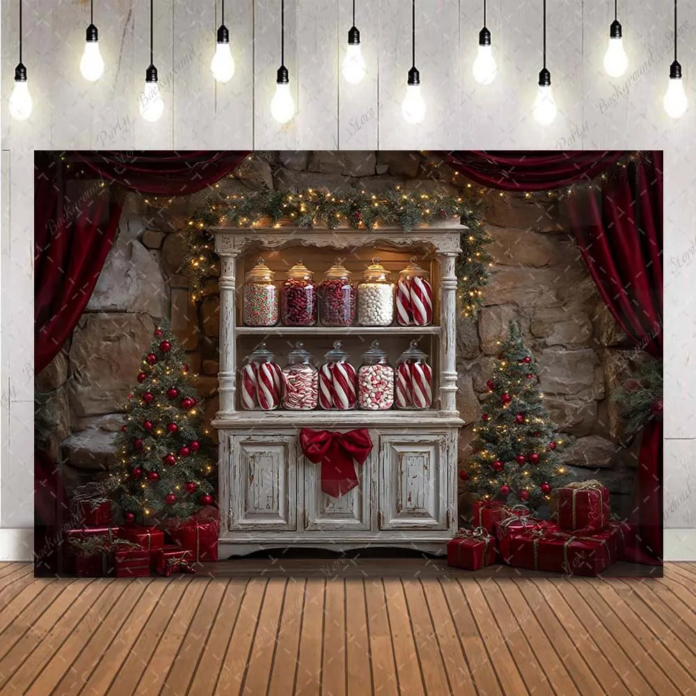 Christmas Kitchen Backdrop for Photography Candy Cane Cabinet Decor for Children Kids Portrait Background for Photo Studio Props