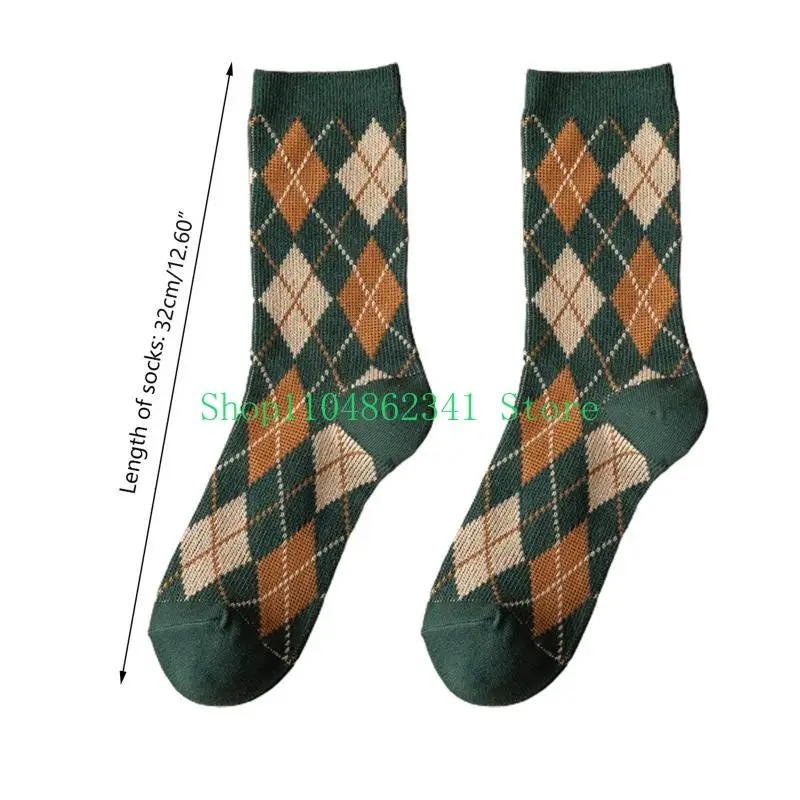 5ASD FEMMES ETHNIQUE ARGYLE PLAID PRINT SOCKS Vintage College Preppy Hosiery