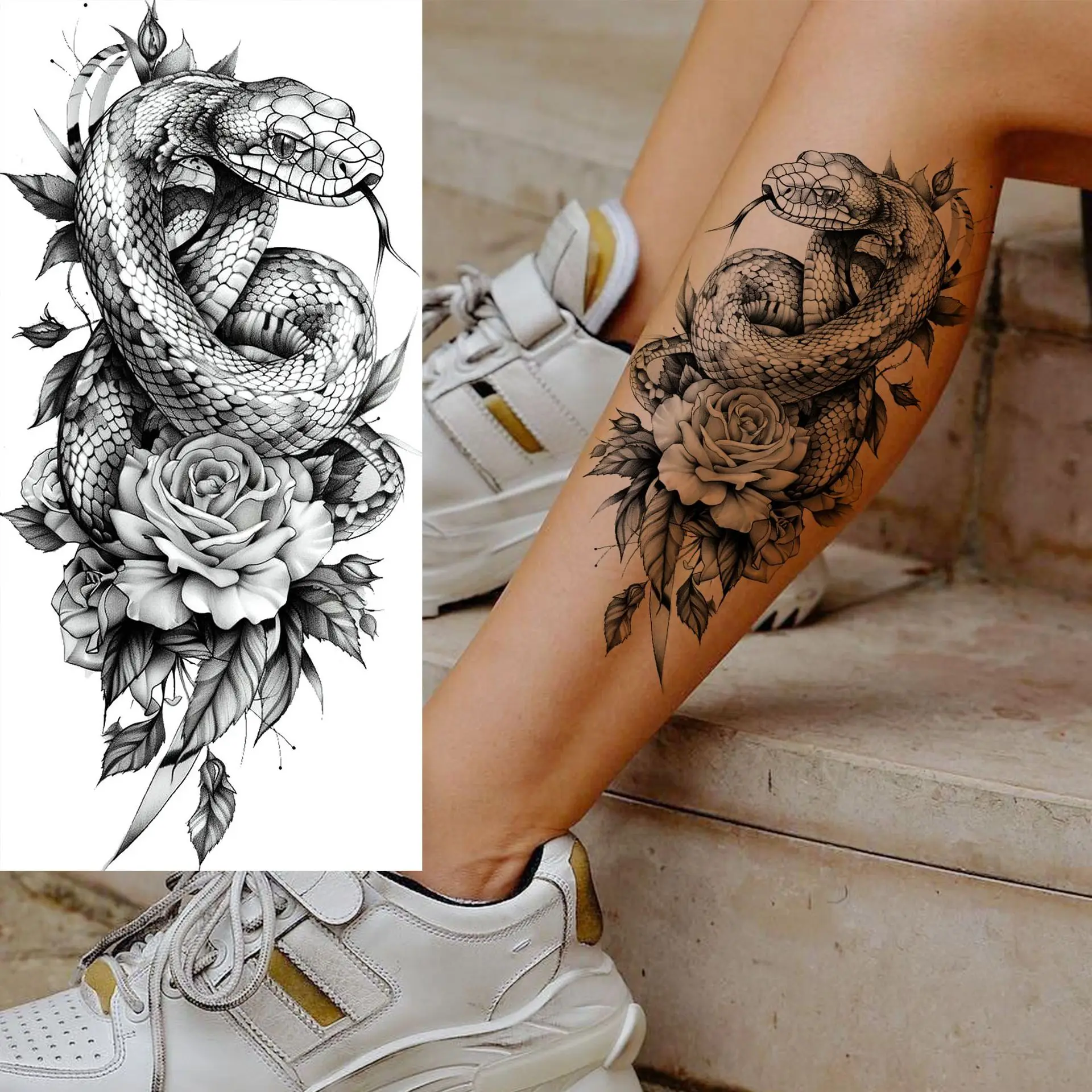 

Water Transfer Tattoo Stickers Snake Scorpion Floral Pattern Durable Long Lasting for Thigh Arm Unique Collection
