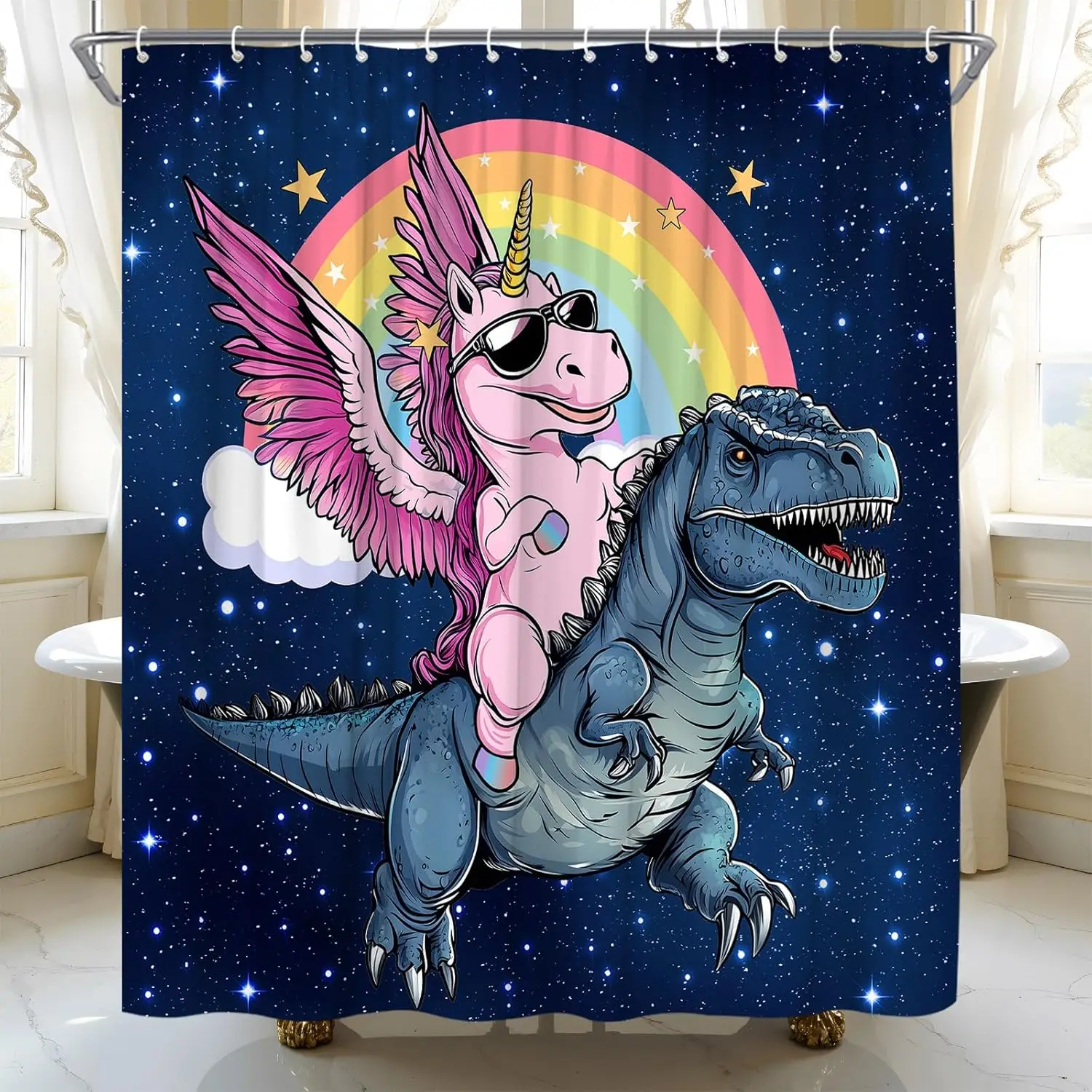 

Unicorn Riding Dinosaur Shower Curtain Funny Cartoon Rainbow Animal Fantasy Galaxy Cute Kids Bathroom Curtain Set with Hooks