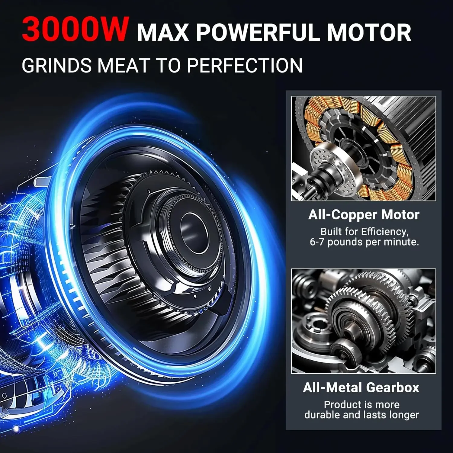 # 12 Fleischwolf, [3000 W] 3-Gang-Fleischwolf, robust, eingebaute Aufbewahrungsbox, 2 Klingen, 4 Teller, 3 Wurstfüller, Ki