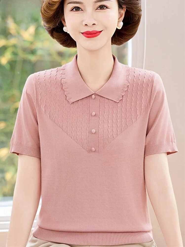 

New 2026 Ice Silk Neck Short Sleeve T-Shirt for Middle-Aged Mothers Fashionable Lightweight Casual Top for Women over 50