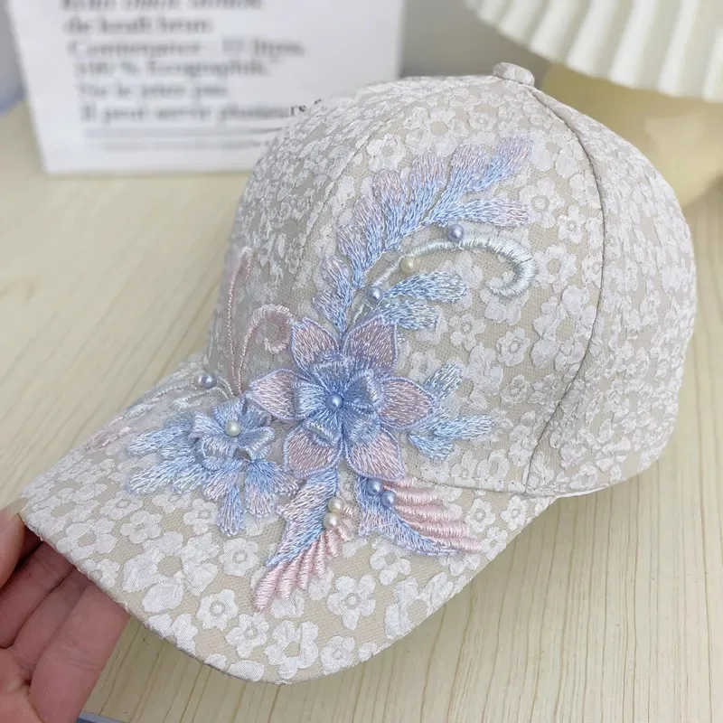 2024 Women\'s Fashion Summer Lace Flowers Baseball Cap Hundred with Sunscreen Duck Tongue Cap Sunshade Breathable Rebound Cap