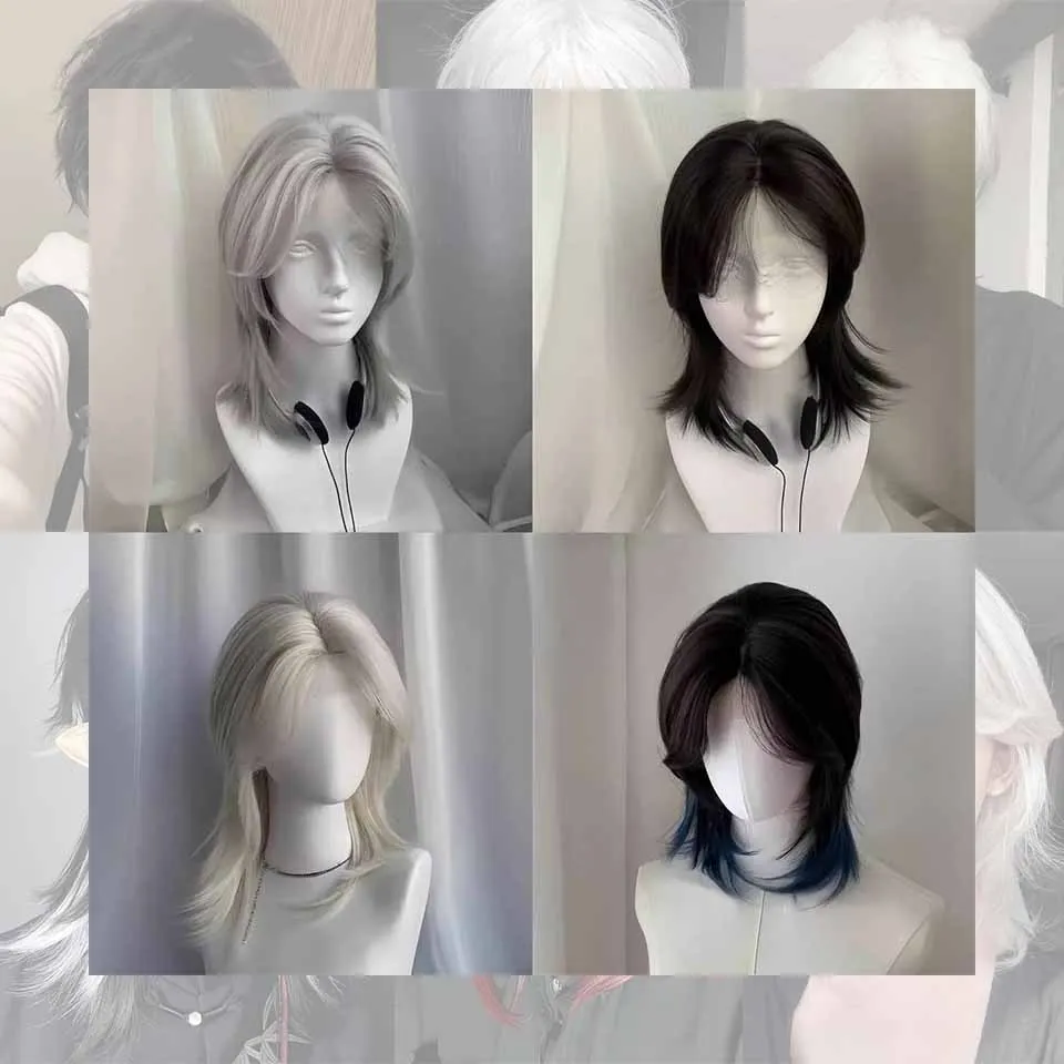Forehead lace silver gray split wolf tail mullet fish head high-level men and women can use cos wig synthetic full head cover