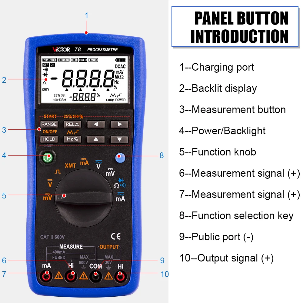 Victor78 Digital Process Multimeter Backlight True RMS AC/DC Ammeter Voltmeter Ohm Frequency Diode Temperature Transistor Tester