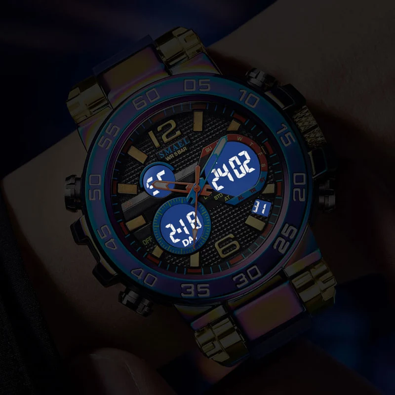 SMAEL Colorful Alloy Case Men\'s Outdoor Sports Multifunctional Watch Digital Waterproof Night Glow Wristwatches Men Stopwatch