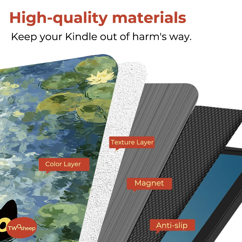 Etui Twosheep Hard Shell do Kindle Paperwhite 12. generacji, Kindle Colorsoft, Kindle 11. generacji, etui z klapką, funkcja automatycznego usypiania i budzenia, motyw Monet i kotów. — zdjęcie produktu 2