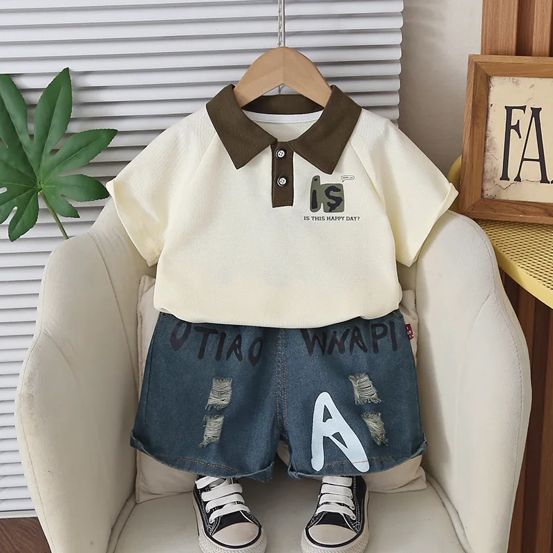 

Toddler Boys Contrast Collar Polo Shirt + Ripped Denim Shorts Set 2026 Summer New Fashion Letter Print Kids Casual 2pcs Outfit