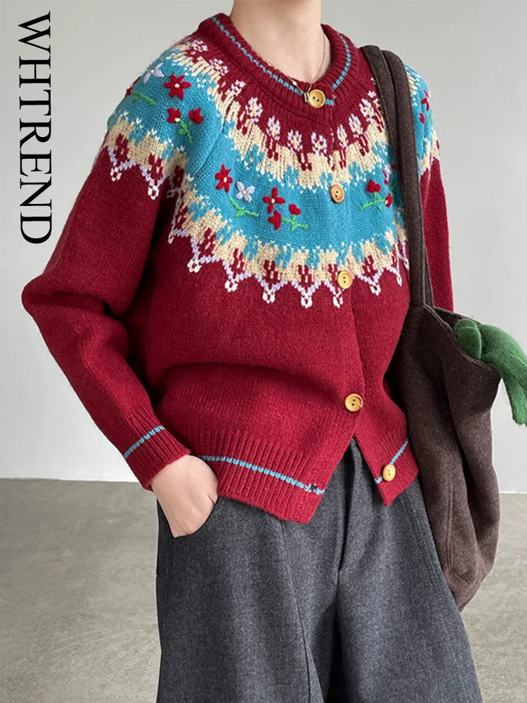 

WHTREND Jacquard Round Neck Knitted Sweater Coat Autumn Winter New Korean Style Christmas Clothes WH1775